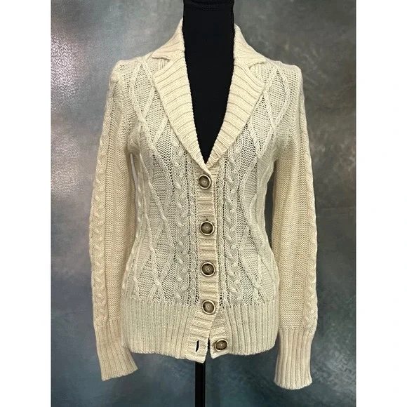 Banana Republic Womens Cream Cable Knit 100% Wool Button Shawl Collar Cardigan M - Picture 1 of 8